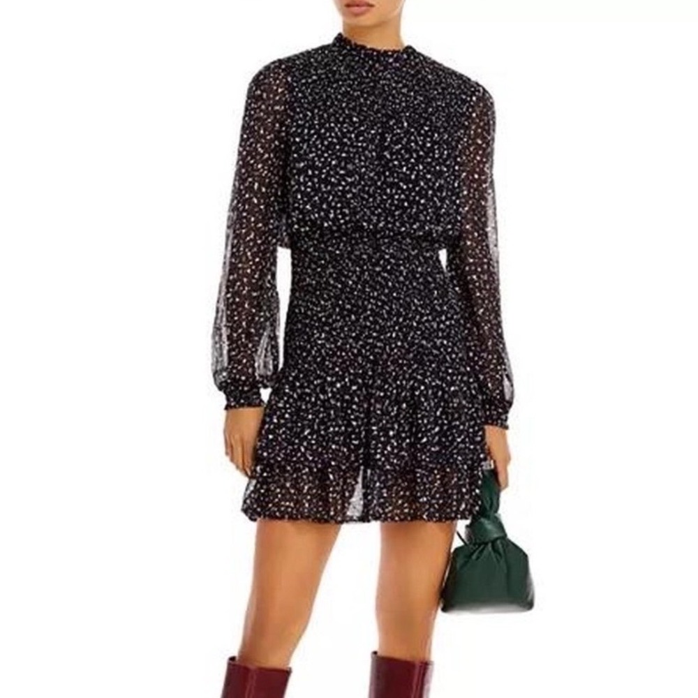 Aqua Womens Ditsy Geo Smocked Mini Dress Black Metallic Sheer Small Lace Boho